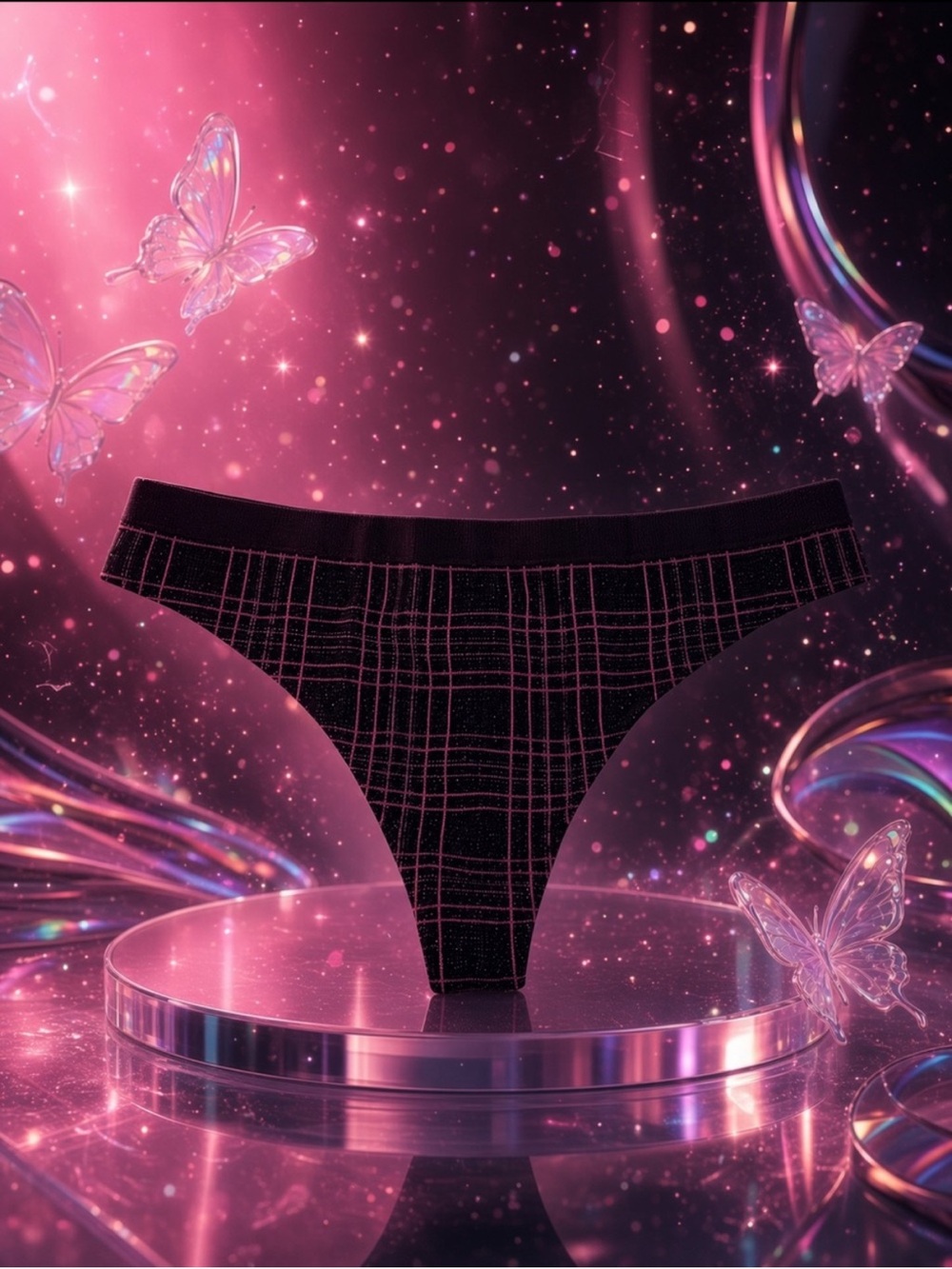 Victoria’s Secret- Y2K Black & Pink Grid Lined Glitter Thong